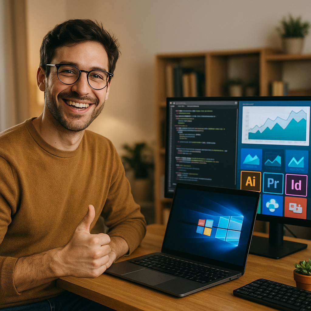 une photo humanis de linformatique pc avec des logiciels et et une personne heureuse des ses produits-1